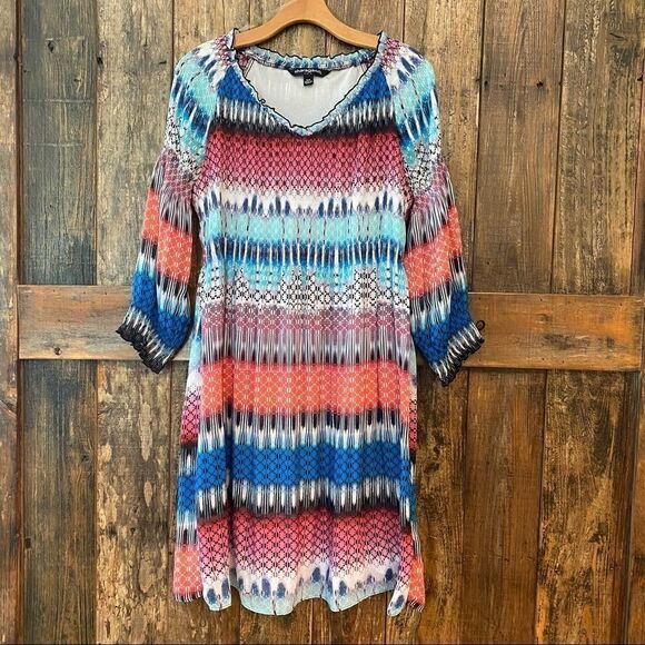 Sharagano M Blue Orange Smocked Stretch Wide Stripe Long Sleeve Dress - Picture 4 of 11